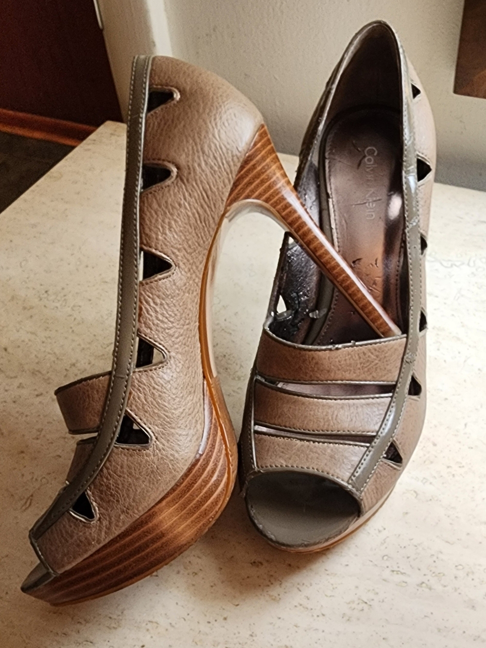 Calvin Klein Taupe Platform Peep-Toe Heels with Wood Stacked Heel